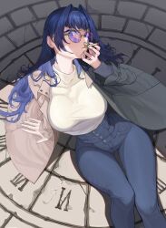 Rule 34 | 1girl, absurdres, aries991, blue eyes, blue hair, blue nails, blue pants, breasts, brown coat, cigarette, coat, denim, glasses, hair intakes, high-waist pants, highres, holding, holding cigarette, hololive, hololive english, jacket, jeans, large breasts, long hair, looking at viewer, nail polish, official alternate costume, official alternate hair length, official alternate hairstyle, on ground, open clothes, open jacket, ouro kronii, pants, shirt, shirt tucked in, sitting, smoking, solo, sweater, tight clothes, tight pants, trench coat, turtleneck, turtleneck sweater, virtual youtuber, white shirt, white sweater, wide hips