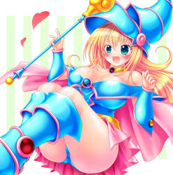 Rule 34 | 1girl, ass, bare shoulders, blonde hair, blue footwear, blue panties, blush, boots, breasts, capelet, choker, cleavage, dark magician girl, detached sleeves, duel monster, female focus, green eyes, hat, highres, kogarashi (wind of winter), large breasts, long hair, open mouth, panties, sitting, smile, solo, staff, underwear, wide hips, wizard hat, yu-gi-oh!