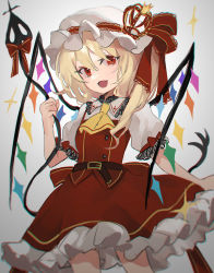 Rule 34 | 1girl, absurdres, ascot, belt, blonde hair, blush, bow, breasts, brown belt, buttons, commentary request, crown, crystal, fang, fangs, flandre scarlet, frills, gradient background, grey background, grey hat, grey shirt, hair between eyes, hand up, hat, hat ribbon, highres, holding, holding weapon, jewelry, kani nyan, laevatein (touhou), looking at viewer, medium breasts, mini crown, mob cap, multicolored wings, one side up, open mouth, polearm, puffy short sleeves, puffy sleeves, red bow, red eyes, red ribbon, red skirt, red vest, ribbon, shirt, short hair, short sleeves, skirt, skirt set, smile, solo, spear, star (symbol), touhou, vest, weapon, white background, wings, yellow ascot