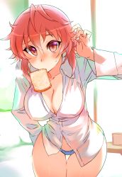 Rule 34 | 1girl, blue panties, blush, bread slice, breasts, cleavage, covered erect nipples, day, dress shirt, food, food in mouth, indoors, kusanagi tonbo, large breasts, leaning forward, looking at viewer, mitsuru-kun(kusanagi tonbo), mouth hold, original, panties, red eyes, red hair, shirt, short hair, simple background, solo, toast, toast in mouth, underwear, white shirt