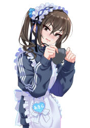 Rule 34 | 1girl, apron, brown eyes, brown hair, character name, crossed bangs, fang, frilled hairband, frills, hair between eyes, hairband, hands up, highres, holding, holding mask, idolmaster, idolmaster cinderella girls, jacket, jersey maid, kurume, long sleeves, looking at viewer, maid, maid apron, mask, medium hair, mole, mole under eye, mouth mask, name tag, open mouth, runny nose, sidelocks, simple background, skin fang, snot, solo, sunazuka akira, turtleneck, twintails, unconventional maid, upper body, v-shaped eyebrows, white background