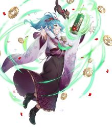 Rule 34 | 1girl, ankle boots, blue hair, boots, bow, capelet, confetti, female focus, fire emblem, fire emblem heroes, floating, floating object, fur trim, gears, gold trim, gradient clothes, grin, hair bow, hakama, hakama skirt, highres, ichibi, japanese clothes, kimono, long hair, long sleeves, looking away, nintendo, obi, official alternate costume, official art, one eye closed, outstretched arms, parted lips, ponytail, reginn (fire emblem), sash, skirt, smile, solo, spread arms, stuffed animal, stuffed toy, transparent background, wide sleeves, wink, yellow eyes