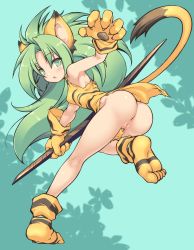 Rule 34 | 1girl, :o, animal ears, animal hands, animal print, anus, ass, blush, cat ears, cat tail, cham cham, cleft of venus, gloves, green eyes, green hair, highres, long hair, looking at viewer, no panties, ohgaki m, paw gloves, pussy, samurai spirits, solo, tail, tiger print, uncensored