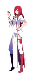 Rule 34 | 10s, 1girl, absurdres, boots, cleavage cutout, clothing cutout, conception: ore no kodomo wo undekure!, cross-laced footwear, full body, hand on own hip, high heel boots, high heels, highres, knee boots, lace-up boots, light smile, long hair, nail polish, nurse, official art, ootsuka shin&#039;ichirou, purple eyes, red footwear, red hair, reone (conception), short sleeves, solo, stethoscope, thighhighs, transparent background, white background
