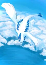Rule 34 | above clouds, animal focus, black eyes, blue background, blue sky, blue theme, butter (oshi8kyoumoh), cloud, creatures (company), day, flying, from above, full body, game freak, gen 2 pokemon, highres, legendary pokemon, lugia, monochrome, nintendo, no humans, outdoors, pokemon, pokemon (creature), sky, solo