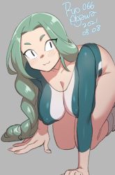 1girl, 2021, :3, agawa ryou, all fours, breasts, commentary, dated, english commentary, green hair, grey background, large breasts, long hair, looking at viewer, original, simple background, slit pupils, solo, thighs