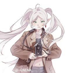 Rule 34 | 1girl, artist name, breath, brown jacket, camera, commentary request, crop top, earrings, elf, er (user yhzm5478), frieren, green eyes, grey hair, hair over shoulder, hands up, highres, holding, holding camera, jacket, jewelry, long hair, long sleeves, looking at viewer, midriff, navel, parted bangs, pointy ears, simple background, solo, sousou no frieren, turtleneck, twin-lens reflex camera, twintails, upper body, white background