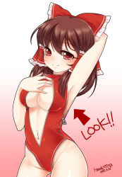 Rule 34 | 1girl, 2015, arm behind head, armpits, arrow (symbol), artist name, blush, bow, breasts, brown hair, cleavage, cleavage cutout, clothing cutout, dated, female focus, front zipper swimsuit, hair bow, hair ribbon, hair tubes, hakurei reimu, hand on own chest, haruki (colorful macaron), highleg, highleg swimsuit, highres, large breasts, meme attire, navel, one-piece swimsuit, parody, red eyes, ribbon, seductive smile, signature, smile, solo, swimsuit, touhou, zipper