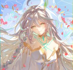 Rule 34 | 1girl, ahoge, bare shoulders, braid, breasts, chest tattoo, chromatic aberration, cleavage, collarbone, cross-shaped pupils, detached sleeves, dress, falling petals, flower, genshin impact, gold choker, gold trim, green eyes, grey hair, hair ornament, half-closed eyes, head tilt, highres, large breasts, leaf hair ornament, long hair, looking at viewer, petals, pointy ears, red flower, rukkhadevata (genshin impact), single braid, smile, solo, sp0i0ppp, strapless, strapless dress, symbol-shaped pupils, tattoo, upper body, white dress, white sleeves