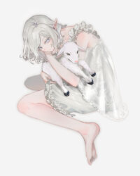 1boy androgynous animal animal_hug barefoot crossdressing dungeon_meshi elf frilled_negligee full_body goat goat_(dungeon_meshi) grey_background grey_eyes grey_hair highres holding holding_animal inari_kushiyaki lingerie looking_at_viewer male_focus medium_hair mithrun mithrun_(young) negligee pointy_ears simple_background sitting trap underwear wariza wavy_hair white_negligee