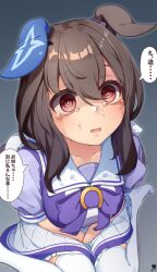 Rule 34 | 1girl, 1koma, absurdres, admire vega&#039;s twin sister (umamusume), animal ears, bow, bowtie, brown eyes, brown hair, comic, commentary request, crying, crying with eyes open, ear covers, ears down, foot out of frame, gradient background, grey background, hibiki (zerocodo), highres, long hair, outline, pleated skirt, puffy short sleeves, puffy sleeves, purple bow, purple bowtie, purple shirt, sailor collar, sailor shirt, school uniform, shirt, short sleeves, sidelocks, signature, single ear cover, sitting, skirt, solo, speech bubble, summer uniform, tearing up, tears, thighhighs, tracen school uniform, translated, umamusume, umamusume: road to the top, v arms, wariza, white bow, white sailor collar, white skirt, white thighhighs