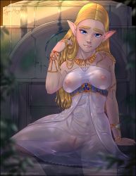 Rule 34 | 1girl, blonde hair, blue eyes, blush, bracelet, breasts, clitoris, dress, highres, jewelry, lips, looking at viewer, necklace, nintendo, nipples, no bra, no panties, oppai magpie, pointy ears, princess zelda, pussy, see-through, strapless, strapless dress, the legend of zelda, the legend of zelda: breath of the wild, thighs, triforce, uncensored, water, wet, wet clothes, white dress
