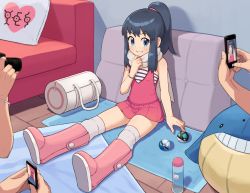 Rule 34 | 1girl, 3others, bag, black hair, blue eyes, boots, bottle, bracelet, camera, cellphone, character print, chiwino, commentary request, creatures (company), cushion, dawn (pokemon), dive ball, dress, duffel bag, eyelashes, game freak, gen 2 pokemon, gen 3 pokemon, gen 6 pokemon, goomy, hand up, heart, heart print, holding, holding camera, holding phone, indoors, jewelry, long hair, multiple others, net ball, nintendo, over-kneehighs, phone, pink dress, pink footwear, poke ball, pokemon, pokemon: arceus and the jewel of life, pokemon (anime), pokemon dppt, pokemon dppt (anime), pokemon platinum, ponytail, scarf, sidelocks, sitting, smile, taking picture, themed object, thighhighs, towel, unown, wailmer, white scarf, yes, yes-no pillow