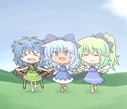 Rule 34 | &gt; &lt;, 216, 3girls, antennae, aqua hair, barefoot, blue bow, blue dress, blue eyes, blue hair, blue skirt, blue vest, bow, butterfly wings, cirno, closed eyes, closed mouth, collared shirt, daiyousei, dress, eternity larva, fairy, fairy wings, full body, green dress, green hair, hair between eyes, hair bow, ice, ice wings, insect wings, leaf, leaf on head, long hair, multicolored clothes, multicolored dress, multiple girls, open mouth, puffy short sleeves, puffy sleeves, shirt, short hair, short sleeves, skirt, smile, tanned cirno, touhou, vest, white shirt, wings
