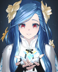 1girl artist_name black_gloves blue_hair dizzy_(guilty_gear) fingerless_gloves fingernails flower gixtsuki gloves guilty_gear guilty_gear_strive hair_flower hair_ornament highres long_hair parted_lips queen_dizzy red_eyes sidelocks solo swept_bangs turtleneck upper_body white_flower yellow_flower