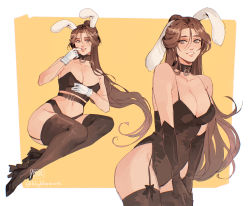 Rule 34 | 1girl, absurdres, animal ears, artist name, bbybluemochi, black footwear, black gloves, black leotard, black thighhighs, breasts, brown hair, cleavage, collar, elbow gloves, fake animal ears, garter straps, gloves, grey eyes, high heels, highres, large breasts, leotard, long hair, navel, parted lips, sitting, solo, standing, thighhighs, very long hair, white gloves, yellow background