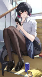 1girl absurdres black_footwear black_hair black_pantyhose blue_skirt breasts can candy cellphone chips_(food) colored_inner_hair commentary drink_can earphones eating ellen_joe ellen_joe_(on_campus) fins fish_tail food hair_ornament highres holding holding_phone indoors ku!?_(ku_k_u) large_breasts loafers lollipop looking_at_viewer multicolored_hair nail_polish official_alternate_costume orange_eyes pantyhose phone pink_hair pink_nails potato_chips scar scar_on_tail shark_girl shark_tail shirt shoes short_hair sitting sitting_on_stairs skirt smartphone solo stairs tail thighband_pantyhose white_shirt wing_collar zenless_zone_zero