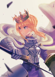 Rule 34 | 1girl, ahoge, armor, artist name, artoria pendragon (fate), blonde hair, blue eyes, capelet, chyffon, closed mouth, crown, excalibur (fate/stay night), fate/grand order, fate (series), highres, holding, holding sword, holding weapon, looking away, saber (fate), short hair, solo, sword, weapon