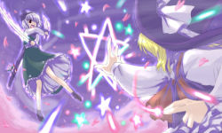 Rule 34 | 2girls, attack, battle, blonde hair, bow, crossed arms, dual wielding, female focus, flying, from behind, hair ribbon, hat, holding, kirisame marisa, konpaku youmu, looking away, magic, multiple girls, one eye closed, open mouth, outstretched arm, petals, red eyes, ribbon, sword, touhou, weapon, white hair, witch hat