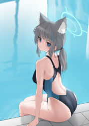 1girl absurdres animal_ear_fluff animal_ears ass back_cutout blue_archive blue_eyes blue_one-piece_swimsuit closed_mouth clothing_cutout commentary competition_swimsuit cross cross_hair_ornament extra_ears grey_hair hair_ornament halo hape highleg highleg_one-piece_swimsuit highres inverted_cross legs_together long_hair looking_at_viewer looking_back low_ponytail median_furrow mismatched_pupils official_alternate_costume one-piece_swimsuit pool shiroko_(blue_archive) shiroko_(swimsuit)_(blue_archive) sitting soaking_feet solo swimsuit water wolf_ears wolf_girl