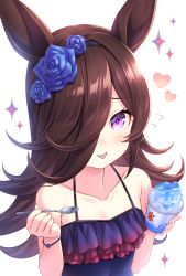 Rule 34 | 1girl, animal ears, bare arms, bare shoulders, black one-piece swimsuit, blue flower, blue hairband, blue rose, brown hair, casual one-piece swimsuit, collarbone, commentary request, cup, disposable cup, flower, flying sweatdrops, food, frilled swimsuit, frills, hair flower, hair ornament, hair over one eye, hairband, hands up, heart, highres, holding, holding cup, holding spoon, horse ears, looking at viewer, one-piece swimsuit, purple eyes, rice shower (umamusume), rose, shaved ice, solo, sparkle, spoon, swimsuit, tomo (tmtm mf mf), umamusume, upper body
