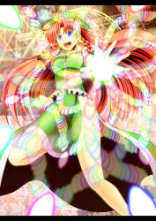 Rule 34 | 1girl, :d, blue eyes, braid, china dress, chinese clothes, danmaku, dress, ex-meiling, female focus, hat, hong meiling, letterboxed, long hair, open mouth, qontamblue, rainbow aura, red hair, smile, solo, embodiment of scarlet devil, touhou, twin braids