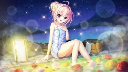 Rule 34 | 1girl, ahoge, blue eyes, blue towel, bucket, cloud, collarbone, dot nose, dutch angle, film grain, floral print, flower, game cg, hair bun, hair intakes, hand up, izumi tsubasu, lake, lantern, lens flare, looking at viewer, mole under each eye, mole under eye, mountain, multiple moles, naked towel, night, night sky, non-web source, official art, onsen, open mouth, outdoors, print towel, re:stage!, red flower, red rose, rose, shiratori amaha (re:stage!), sidelocks, single hair bun, sitting, sky, smile, soaking feet, solo, sparkle, star (sky), starry sky, towel, white flower, white rose, yellow flower, yellow rose
