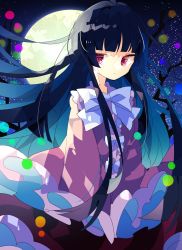 Rule 34 | 1girl, :&lt;, black hair, blunt bangs, bow, bowtie, center frills, commentary, cowboy shot, frilled shirt, frilled sleeves, frills, full moon, highres, hime cut, houraisan kaguya, light particles, long hair, long sleeves, looking at viewer, moon, night, night sky, nikorashi-ka, one-hour drawing challenge, pink shirt, red eyes, red skirt, shirt, skirt, sky, solo, star (sky), starry sky, touhou, white bow, wide sleeves