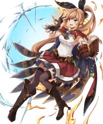 Rule 34 | 10s, 1girl, black bow, black gloves, black thighhighs, blonde hair, book, boots, bow, capelet, clarisse (granblue fantasy), eruthika, full body, gloves, granblue fantasy, green eyes, hair bow, hand up, high heel boots, high heels, highres, holding, holding book, knee boots, knees together feet apart, long hair, looking at viewer, open book, open mouth, red skirt, ribbed sweater, sidelocks, skirt, sleeveless, smile, solo, sweater, test tube, thighhighs, transparent background