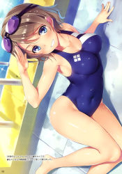 Rule 34 | 10s, 1girl, :d, absurdres, arm support, arm up, bare legs, bare shoulders, barefoot, black-framed eyewear, blue eyes, blue one-piece swimsuit, blush, collarbone, competition swimsuit, covered navel, detached sleeves, dutch angle, goggles, goggles on head, grey hair, grin, highres, looking at viewer, love live!, love live! sunshine!!, lying, on floor, on side, one-piece swimsuit, open mouth, page number, pool ladder, poolside, salute, scan, shiny skin, short hair, sideways, skin tight, smile, solo, swept bangs, swimsuit, teeth, thighs, translation request, watanabe you, water, yuuki hagure