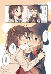 Rule 34 | 2girls, :d, ^ ^, blush, bow, brown hair, cape, cardigan, closed eyes, collared shirt, comic, ear blush, eye contact, fang, food in mouth, hachiko (hati12), hair ribbon, half updo, halloween, hand on another&#039;s arm, hand on another&#039;s shoulder, hat, heart, high ponytail, indoors, long sleeves, looking at another, medium hair, mouth hold, multiple girls, necktie, nose blush, open mouth, orange ribbon, original, purple eyes, ribbon, school uniform, shirt, short ponytail, smile, star (symbol), striped neckwear, sweatdrop, translation request, white shirt, window, witch hat, yellow eyes, yuri