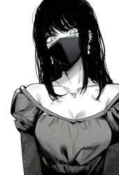 Rule 34 | 1girl, absurdres, bare shoulders, blush, breasts, chainsaw man, cleavage, collarbone, commentary, dress, ear piercing, earrings, english commentary, greyscale, hair between eyes, highres, jewelry, looking at viewer, mask, masoq, medium breasts, medium hair, monochrome, mouth mask, necklace, off-shoulder dress, off shoulder, piercing, sidelocks, simple background, skull necklace, solo, upper body, white background, yoru (chainsaw man)