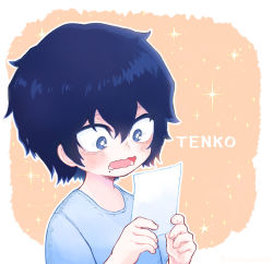 Rule 34 | 1boy, aged down, black hair, blue eyes, blue shirt, boku no hero academia, character name, child, commentary request, hair between eyes, highres, holding, holding paper, inukai (inuuowoukai), male focus, mole, mole under mouth, open mouth, orange background, outline, paper, shigaraki tomura, shirt, short hair, simple background, solo, sparkle, star (symbol), upper body, white outline