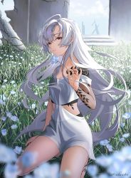 Rule 34 | 1girl, absurdres, atara yoruki, barefoot, branch, breasts, brown eyes, day, flower, grass, highres, holding, holding flower, long hair, looking at viewer, original, parted lips, signature, sitting, small breasts, solo, thighs, very long hair, white hair