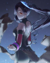 Rule 34 | 1girl, absurdres, black hair, breasts, bridal gauntlets, detached sleeves, dos (ehgns007kr), floating hair, from side, highres, lilpa, long hair, long sleeves, orange eyes, parted lips, ponytail, red sleeves, shoulder blades, skin tight, small breasts, solo, standing, very long hair, virtual youtuber, waktaverse