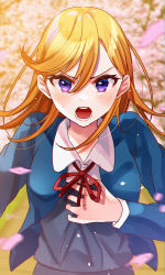 Rule 34 | 1girl, absurdres, blue cardigan, blurry, blurry background, blush, cardigan, cherry blossoms, collared shirt, floating hair, hair between eyes, hand on own chest, highres, long hair, looking at viewer, love live!, love live! superstar!!, neck ribbon, open mouth, orange hair, petals, red ribbon, ribbon, rukito, school uniform, shibuya kanon, shirt, solo, sweat, teeth, upper body, v-shaped eyebrows, yuigaoka school uniform