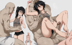 Rule 34 | 1girl, 2boys, alternate hairstyle, bald, barefoot, black hair, bleach, blush, bra, bra visible through clothes, breasts, bulge, censored, clothed female nude male, commission, comparison, completely nude, crop top, denim, denim shorts, erection, erection under clothes, faceless, faceless male, fat, fat man, feet, fingerless gloves, footjob, gloves, grabbing, grabbing another&#039;s breast, grin, hair between eyes, heart, heart-shaped pupils, hetero, highres, huge penis, karmaniac, kuchiki rukia, large penis, long hair, looking at penis, midriff, mosaic censoring, multiple boys, netorare, nude, penis, penis size difference, petite, ponytail, precum, revealing clothes, see-through, shirt, short shorts, shorts, side ponytail, sitting, sitting on lap, sitting on person, sleeveless, sleeveless shirt, small breasts, small penis, smile, stomach, sweatdrop, symbol-shaped pupils, testicles, tied shirt, toes, ugly man, underwear, veins, veiny penis