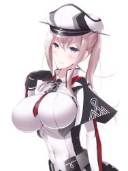 Rule 34 | 10s, 1girl, anchor symbol, black gloves, blonde hair, breasts, capelet, celtic knot, cross, gloves, graf zeppelin (kancolle), hat, highres, iron cross, kantai collection, large breasts, looking at viewer, military, military uniform, necktie, peaked cap, purple eyes, shiroshimu, shirt, solo, twintails, uniform, upper body, white hat, white shirt