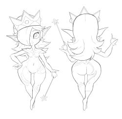 Rule 34 | 1girl, ass, breasts, crown, earrings, female focus, hair over one eye, highres, huge ass, index finger raised, jewelry, lips, looking at viewer, mario (series), monochrome, monster girl, nintendo, outta sync, pointy ears, rosalina, sketch, small breasts, solo, super mario bros. 1, super mario galaxy, wand, wide hips