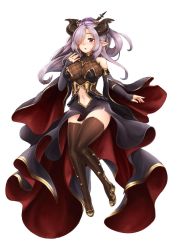 Rule 34 | 1girl, alternate breast size, barbariank, black dress, breasts, brown thighhighs, clothing cutout, commentary, detached sleeves, draph, dress, english commentary, gold trim, granblue fantasy, hair over one eye, highres, horns, large breasts, long hair, navel, navel cutout, niyon (granblue fantasy), pointy ears, purple eyes, purple hair, showgirl skirt, solo, thighhighs, white background