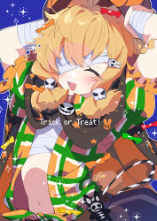 Rule 34 | 1girl, absurdres, arknights, arms behind head, arms up, bandaged chest, bandaged wrists, bandages, bandages over eyes, blonde hair, blue background, candy hair ornament, commentary request, english text, closed eyes, food-themed hair ornament, front-tie top, hair ornament, highres, kroos (arknights), kroos (the mag) (arknights), nekoma hikaru, open clothes, open mouth, open shirt, plaid, plaid shirt, shirt, short hair, simple background, skull hair ornament, smile, solo, sparkle