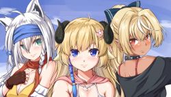 Rule 34 | 3girls, ahoge, animal ear fluff, animal ears, aqua eyes, back, black choker, black shirt, blonde hair, blue bow, blue eyes, blue sky, blush, bow, braid, breasts, brown gloves, choker, cleavage, closed mouth, cloud, cloudy sky, commentary, cosplay, dark-skinned female, dark skin, day, earrings, final fantasy, final fantasy x, final fantasy x-2, fingerless gloves, fox ears, gloves, hair between eyes, hair bobbles, hair bow, hair ornament, hairclip, hand on own chest, haruka kuromiya, headband, hololive, horns, jewelry, lips, long hair, looking at another, looking at viewer, looking back, looking to the side, making-of available, medium breasts, multicolored hair, multiple girls, off-shoulder shirt, off shoulder, outdoors, paine (ff10), paine (ff10) (cosplay), pointy ears, ponytail, red eyes, red scarf, rikku (ff10), rikku (ff10) (cosplay), scarf, sheep ears, sheep horns, shirakami fubuki, shiranui flare, shirt, side braid, sky, sleeveless, smile, streaked hair, studded choker, tsunomaki watame, two-tone hair, upper body, virtual youtuber, white hair, yuna (ff10), yuna (ff10) (cosplay)