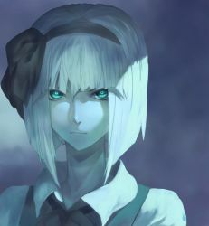 Rule 34 | 1girl, bad id, bad twitter id, bow, expressionless, gradient background, green eyes, hairband, horizon (sushi0126), konpaku youmu, looking at viewer, portrait, ribbon, short hair, silver hair, simple background, solo, touhou