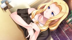 Rule 34 | 1girl, black shirt, blonde hair, blue eyes, breast rest, breasts, breasts on table, brick wall, closed mouth, collarbone, dutch angle, game cg, hair intakes, hitozuma swimming club, indoors, ino (magloid), jewelry, kayashima aki, large breasts, long hair, looking to the side, necklace, off shoulder, official art, shiny skin, shirt, short sleeves, sitting, solo, straight hair, table, upper body