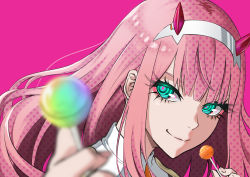Rule 34 | 1girl, absurdres, aqua eyes, artist request, candy, close-up, closed mouth, darling in the franxx, eyelashes, food, hairband, highres, horns, lollipop, long hair, magenta background, pink background, pink hair, pink horns, polka dot, portrait, reaching, reaching towards viewer, ringed eyes, sidelocks, simple background, smile, solo, uniform, upper body, zero two (darling in the franxx)