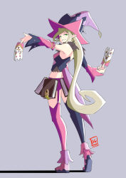 Rule 34 | 1girl, asymmetrical legwear, asymmetrical sleeves, automatic giraffe, blonde hair, book, breasts, card, commentary, crop top, detached sleeves, english commentary, eyelashes, from behind, full body, garter straps, green eyes, grey background, hat, long hair, looking at viewer, looking back, magilou (tales), mismatched legwear, mismatched sleeves, outstretched arms, pink sleeves, pointy ears, shadow, sidelocks, signature, simple background, small breasts, solo, tales of (series), tales of berseria, thighhighs, uneven sleeves, very long hair, wide sleeves, witch hat