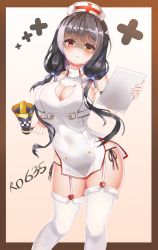 Rule 34 | absurdres, bad id, bad pixiv id, black hair, black panties, breasts, cleavage cutout, closed mouth, clothing cutout, garter belt, garter straps, girls&#039; frontline, hat, heterochromia, high collar, highres, large breasts, looking at viewer, megaphone, nurse, nurse cap, panties, red eyes, ro635 (girls&#039; frontline), simple background, skindentation, solo, thighhighs, tia (4017342), twintails, underwear, white thighhighs, yellow eyes