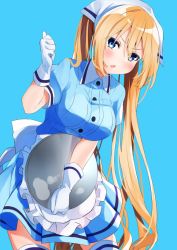 Rule 34 | 1girl, apron, blend s, blonde hair, blue background, blue eyes, blue shirt, buttons, collared dress, dress, frilled apron, frills, gloves, hair between eyes, head scarf, hinata kaho, puffy short sleeves, puffy sleeves, shirt, short dress, short sleeves, simple background, solo, stile uniform, thighhighs, tray, tsushi, twintails, uniform, waist apron, waitress, white apron, white gloves, white headwear, white thighhighs