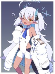 Rule 34 | 1girl, ahoge, bare shoulders, bike shorts, black shorts, blue archive, blush, bodysuit, breasts, commentary request, dark-skinned female, dark skin, feet out of frame, grey hair, groin, halo, haniwagi (hal), horns, jacket, long hair, long sleeves, off shoulder, one eye closed, open clothes, open jacket, open mouth, orange eyes, pointy ears, puffy long sleeves, puffy sleeves, short shorts, shorts, sleeveless, sleeveless bodysuit, sleeves past fingers, sleeves past wrists, small breasts, solo, standing, sumomo (blue archive), tears, two side up, very long hair, white bodysuit, white jacket, yawning