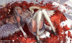 Rule 34 | 1girl, angel wings, ass, bare shoulders, breasts, commentary, dragon, dress, gauntlets, highres, leg ribbon, long hair, lying, on back, original, personification, petals, pixiv fantasia, pixiv fantasia t, pointy ears, ribbon, sishenfan, small breasts, solo, thighhighs, thighs, upskirt, very long hair, white dress, white hair, white thighhighs, wings, yellow eyes, zettai ryouiki